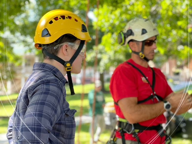 Forestry student preparing to climb tree